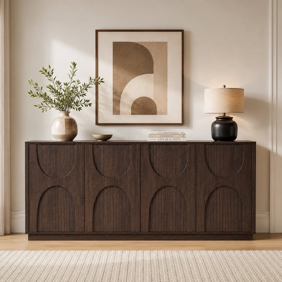LKTART Mid Century Modern Buffet Sideboard Cabinet with Storage, 4 Doors, Walnut Credenza Coffee Bar