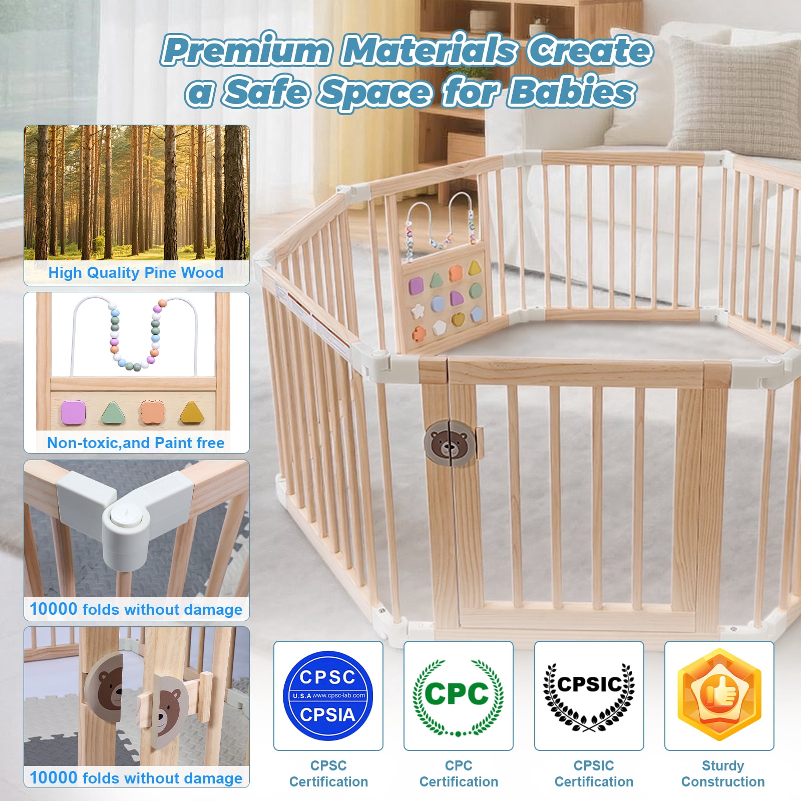 Wooden Baby Playpen with Mat, Activity Center with Gate and 2 Busy Board, Thickened Wood Adjustable Play Yard