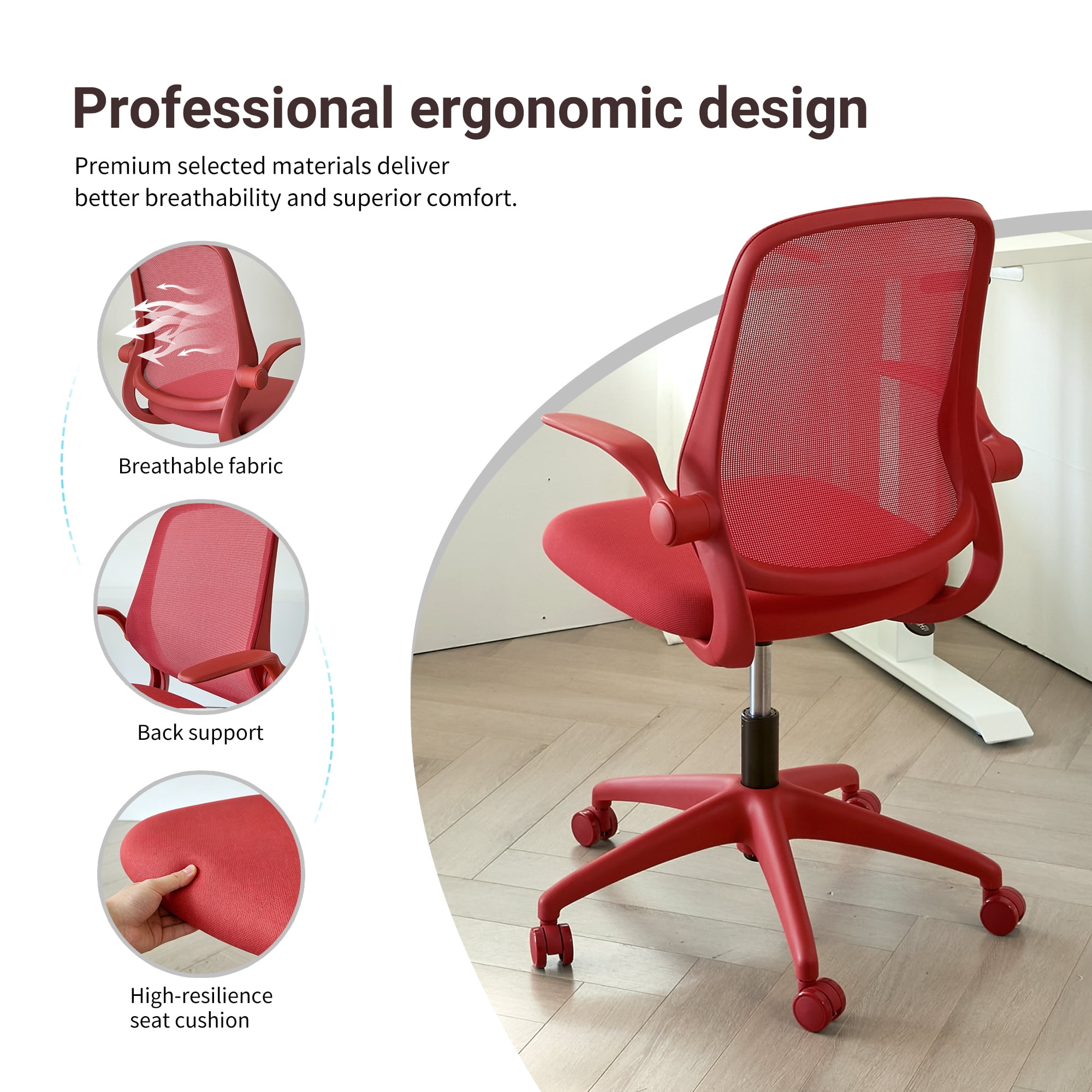 HOQBN Ergonomic Office Chair with Flip-Up Armrests, Breathable Mesh Back, Integrated Molded Foam Seat, 350lb Capacity,Red