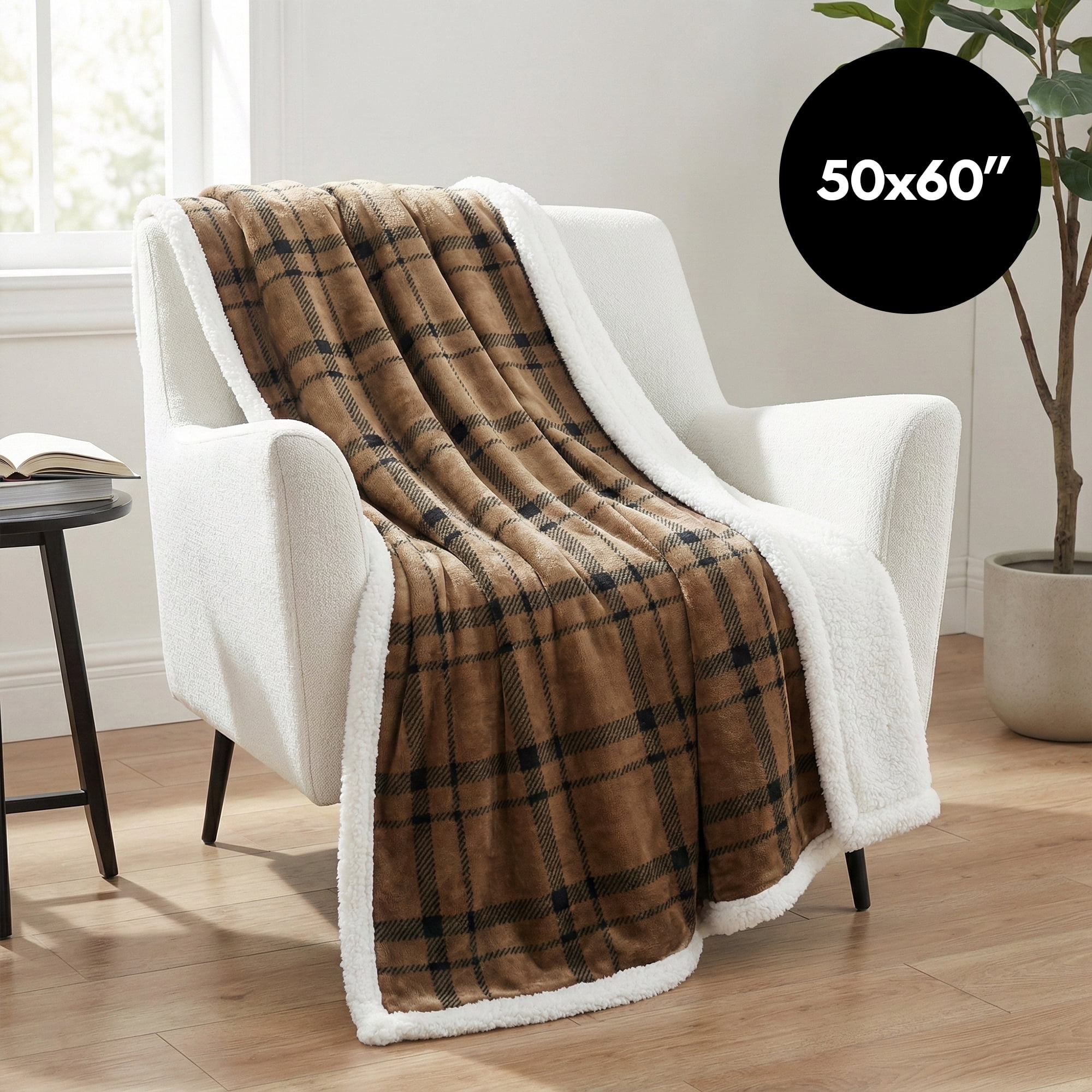Americanflat Fleece and Reverse Sherpa Throw Blanket - 50x60 Inch Classic Tattersall Plaid - Ultra Soft Cozy Couch Cover - Warm Reversible Design - Brown