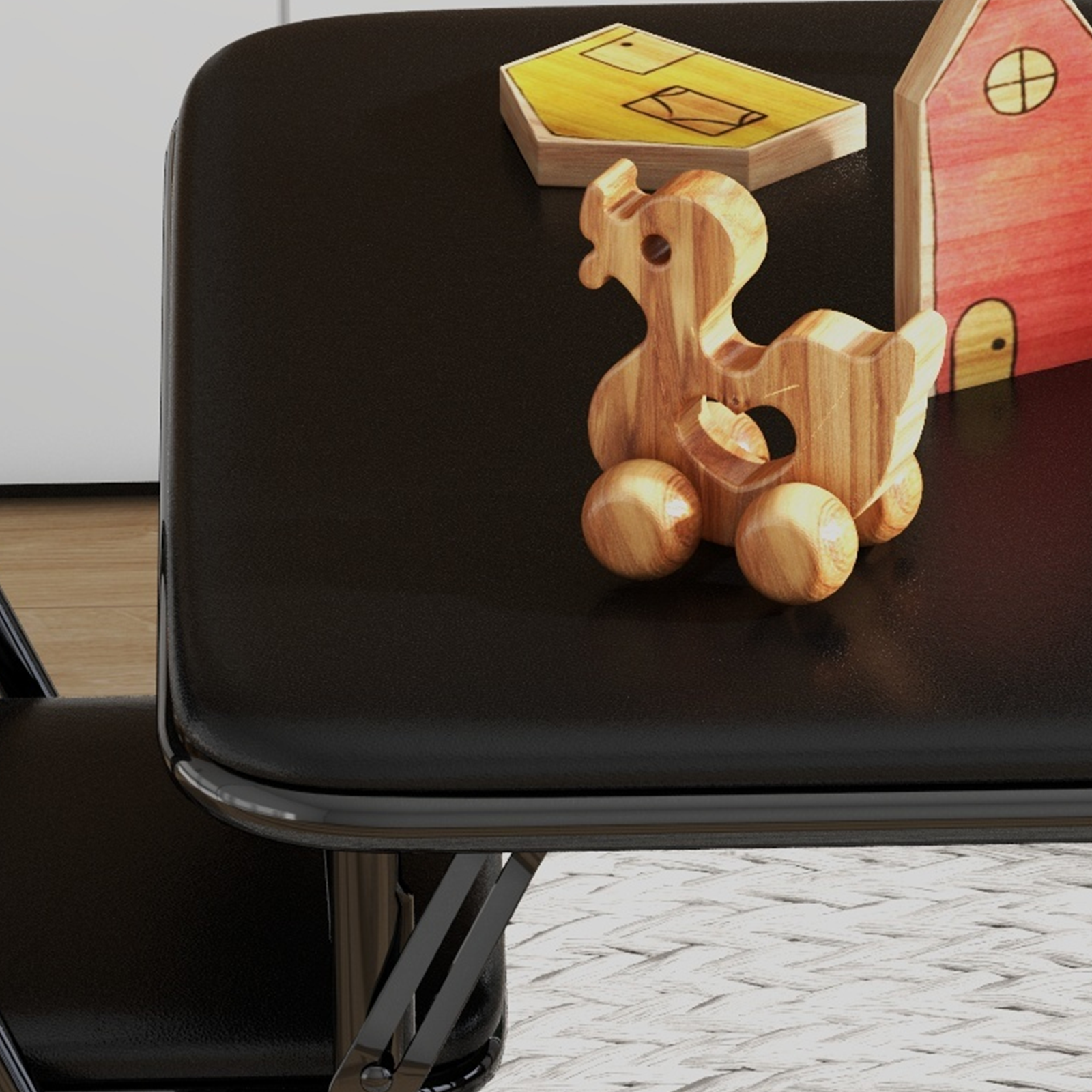Rugerasy 3PC Folding Upholstered Table and Chair, Square Card Table and Chair Set with Pu Soft Cushion, Metal Frame Activity Table and Chairs Set for Daycare and Classroom,Black