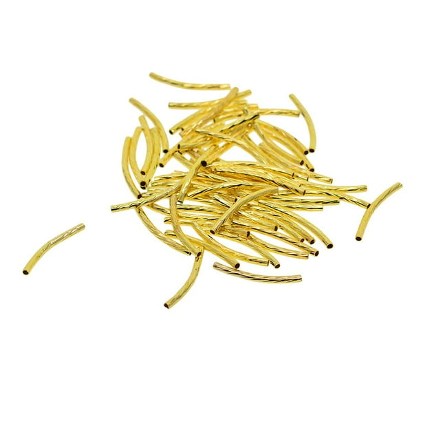 50 cuentas espaciadoras de tubo de fideos curvos, largas y brillantes, sueltas, para manualidades. Oro