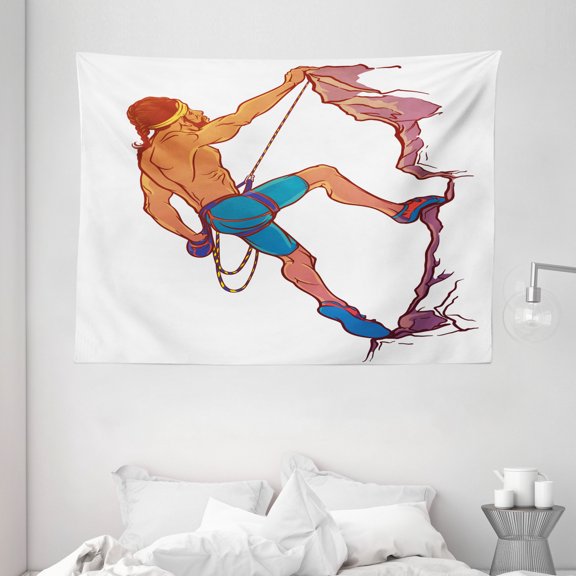 Indie Tapestry, Athletic Man Climbing Up the Cliff Rocky Mountain Professional Summer Sports, Wall Hanging for Bedroom Living Room Dorm Decor, 80W X 60L Inches, Blue Mauve Ginger, by Ambesonne
