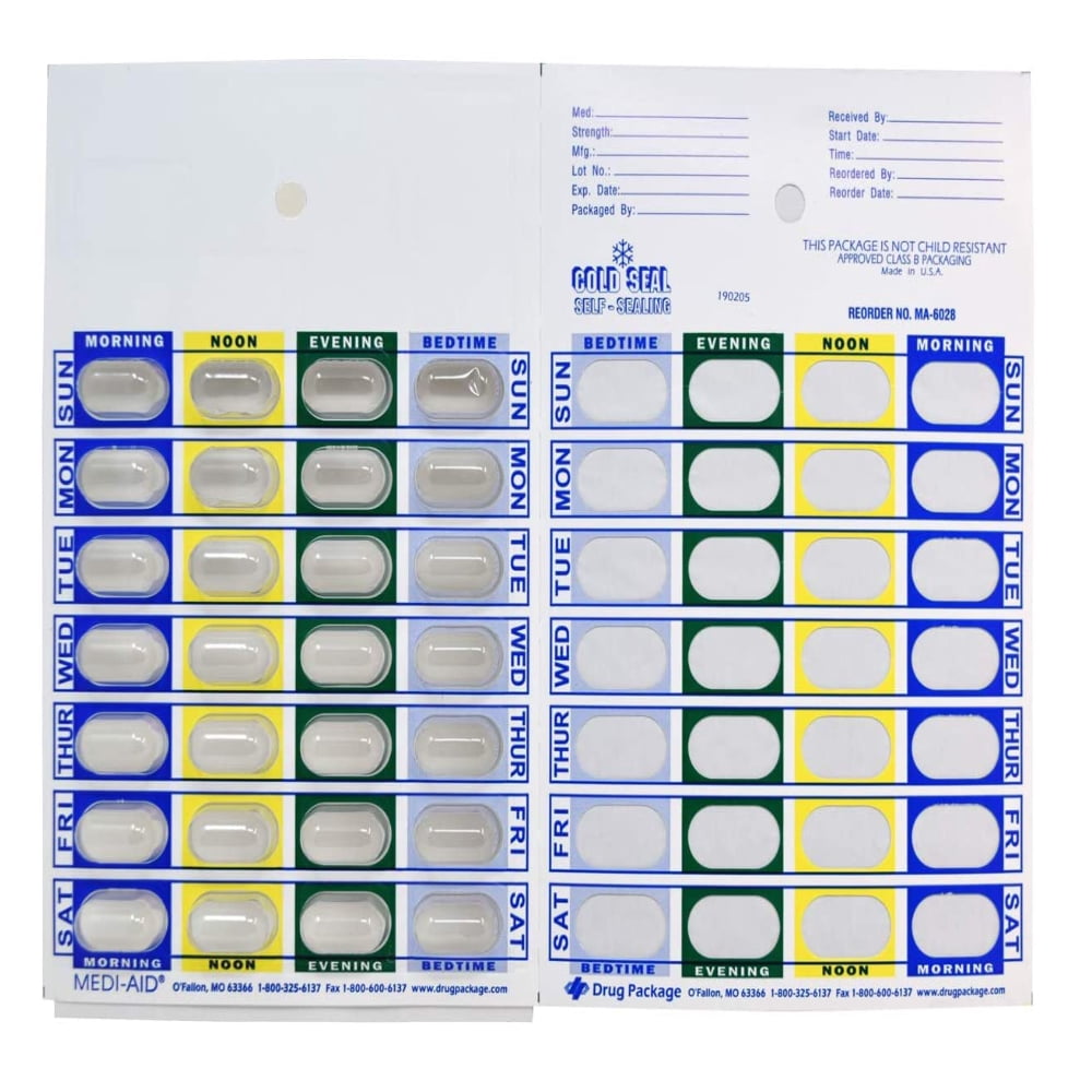 4 Time a Day Medication Blister Pack, Weekly Pill Organizer Cards, 100 Pack