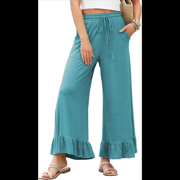 Pantalones Palazzo de Pierna para Mujer, Cintura Alta, Elásticos, con Cordón y Bolsillos, Color Azul y Verde Talla L
