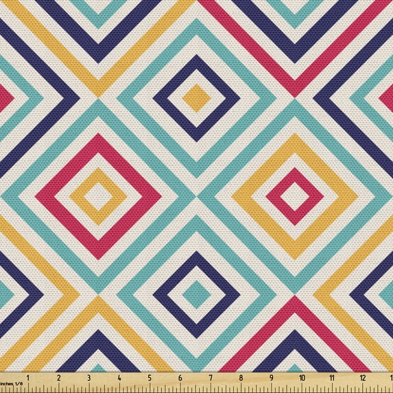 Colorful Fabric by the Yard Upholstery, Diagonal Nested Squares with Retro Effect Simplistic Geometrical Checkered Style, Decorative Fabric for DIY and Home Accents, Multicolor by Ambesonne