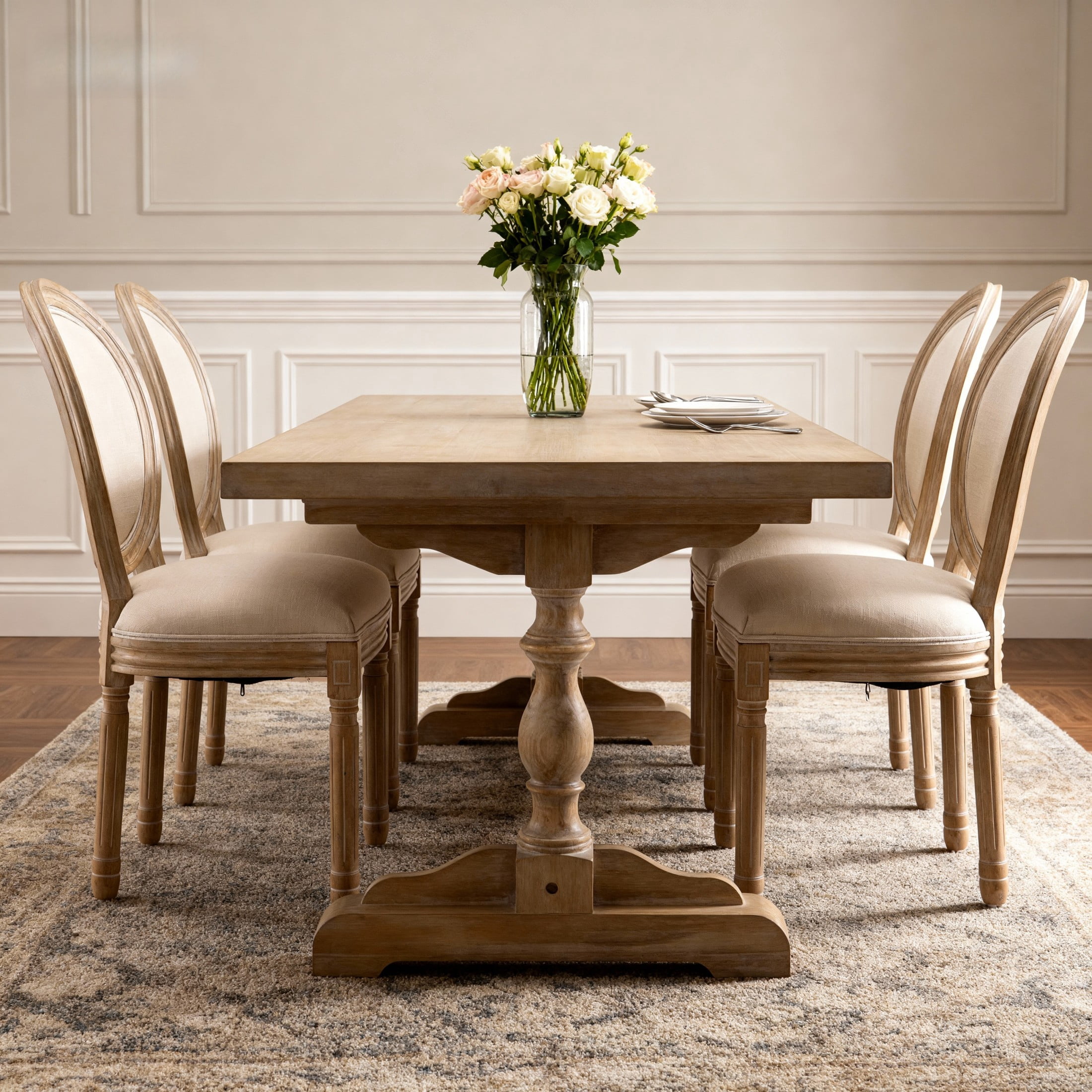 Noble House French Country Upholstered Dining Chair with Cushion Back and Solid Wood Base, Beige & Natural, Set of 2