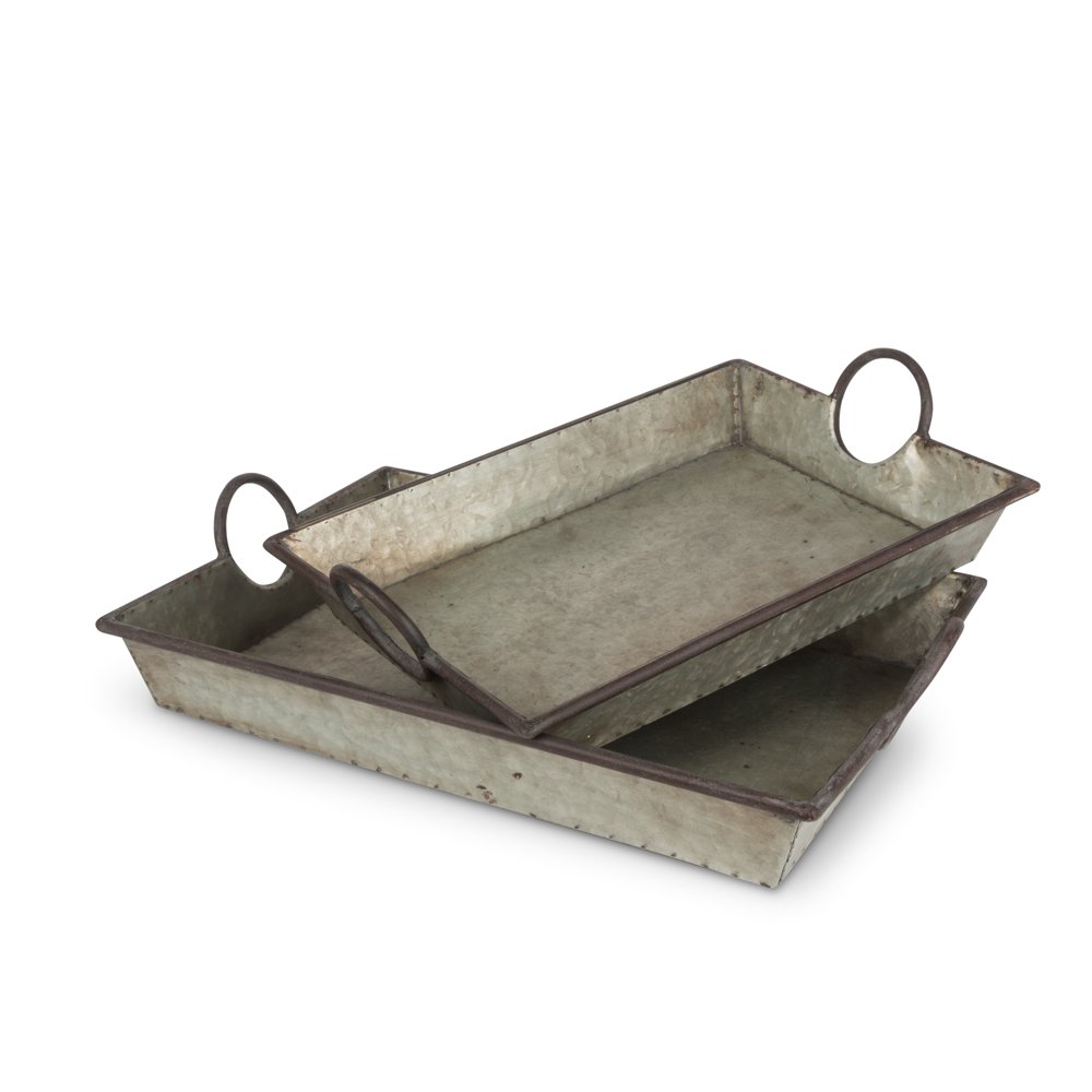 Gerson Assorted, Rustic Galvanized Metal Trays with Round Handles (Set