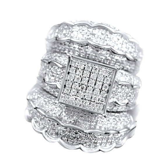 AFFY White Natural Diamond Engagement & Wedding Trio Bridal Ring Set In 10k White Gold (1.47 Cttw)