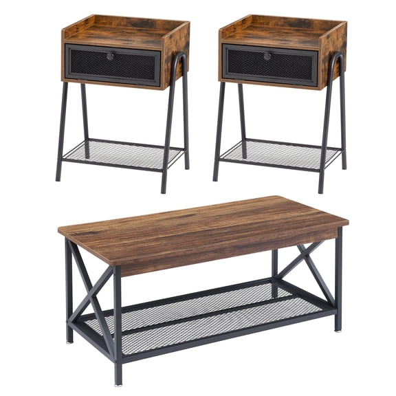 VECELO 3-Piece Coffee Table Set with Coffee Table and 2 End Side Tables for Living Room, Brown