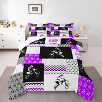 Manfei Teens Dirt Bike Queen Comforter Set, Motorcycle Extreme Sport Bedding Sets, Purple Patchwork Buffalo Reversible Bedding Comforter Set, Super Cozy Room Decor, 3-Piece