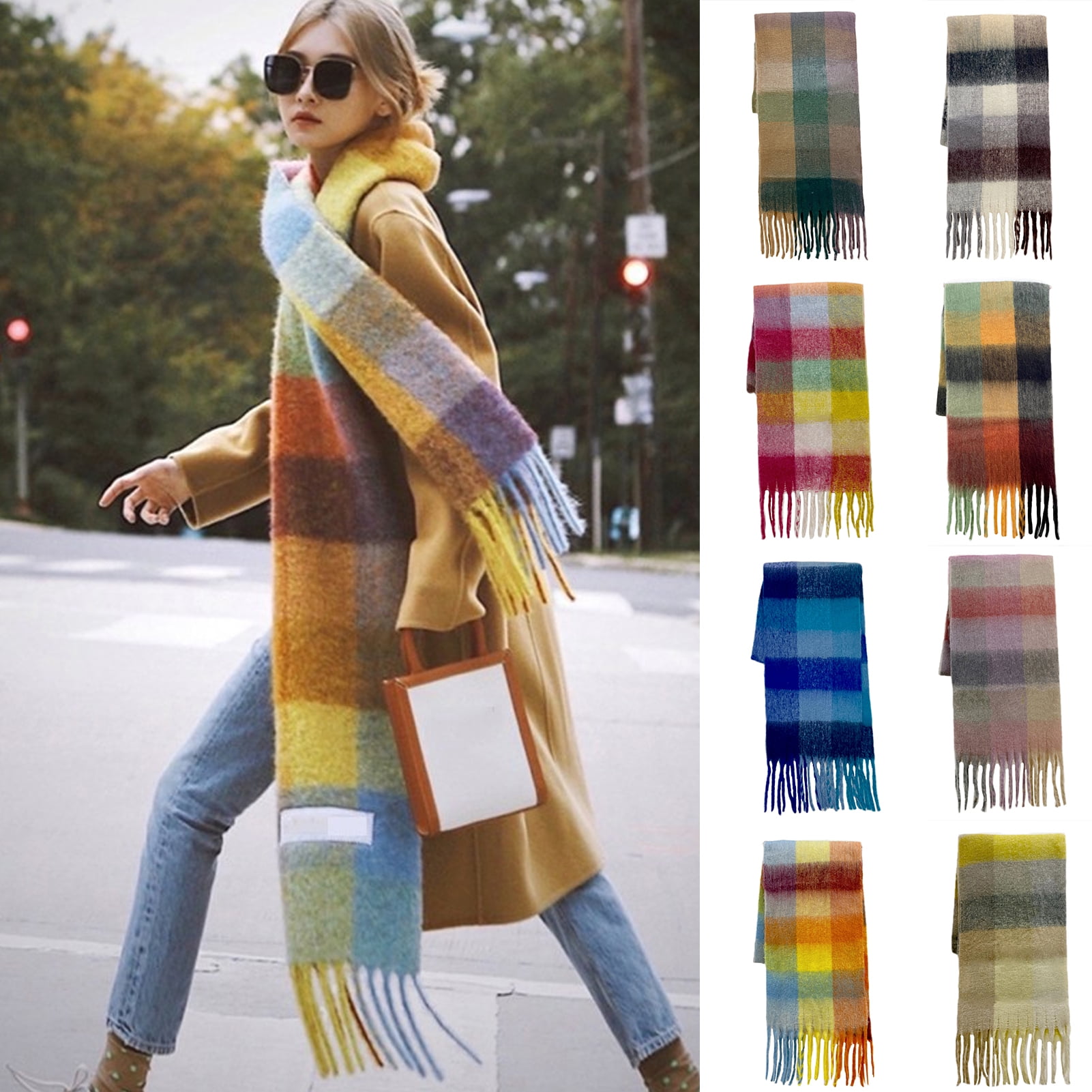 Women Scarf Colorful Rainbow Plaid Fringed Thick Tassels Fuzzy Double-sided  Keep Warm Soft Autumn Winter Adults 