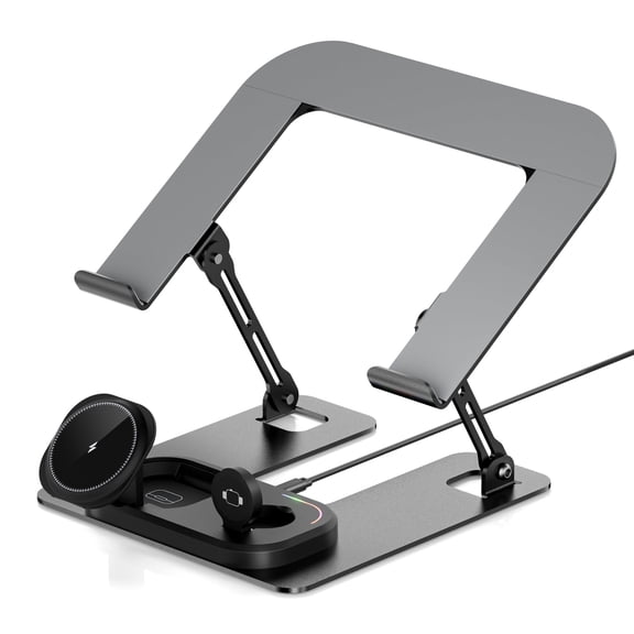 Laptop Stand for Desk with Wireless Charging Station, Steel Adjustable Stand of Laptop for Mac/HP/Dell/Samsung ,Wireless Charging for iPhone/watch/Airpods Black