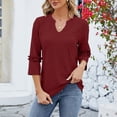 thumbnail image 4 of Women's Summer Tops Women's Fashion Casual V-neck Solid Color Lace 3/4 Sleeve Loose Top T-shirt, 4 of 7