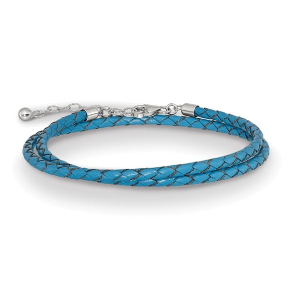 Sterling Silver Reflections Blue Leather With 2in Ext Choker Wrap Bracelet