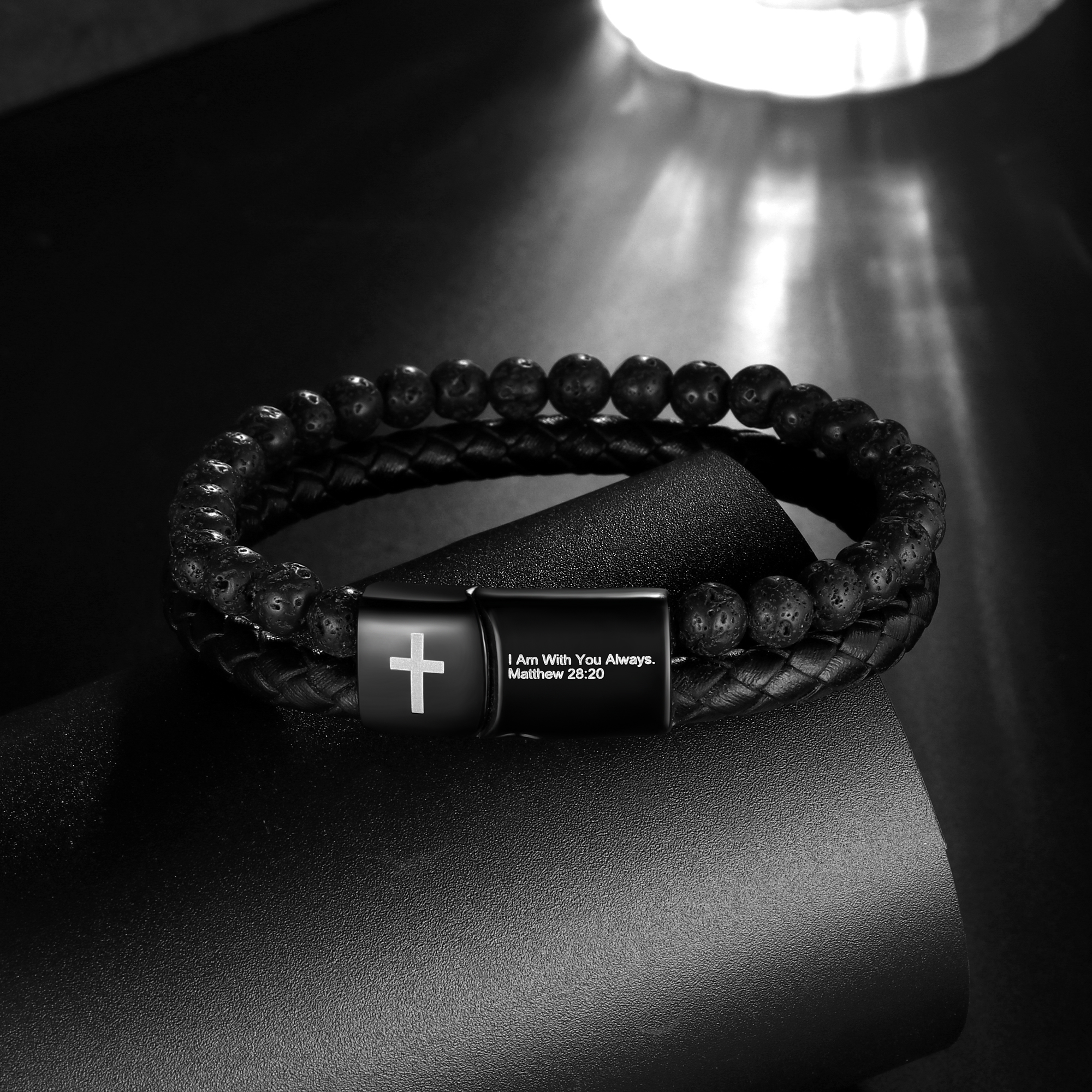Jewmon Men's Stainless Steel Cross Bracelet with Lava Rock Beads photo 4