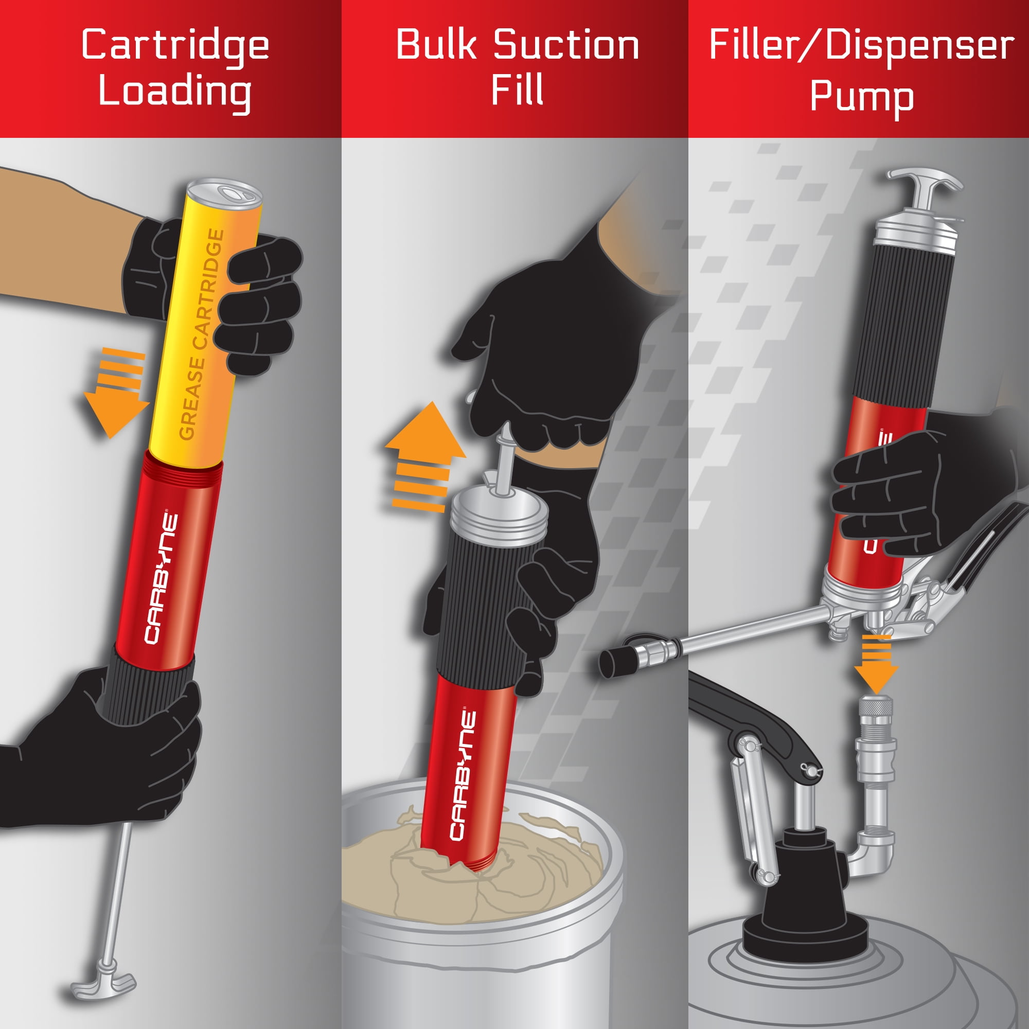 Carbyne Grease Gun, Pistol Grip, 7500 Psi, Steel Barrel, 3-Way Loading, 18 in. Hose, Straight and Angled Tubes, Needle Nozzle, Coupler