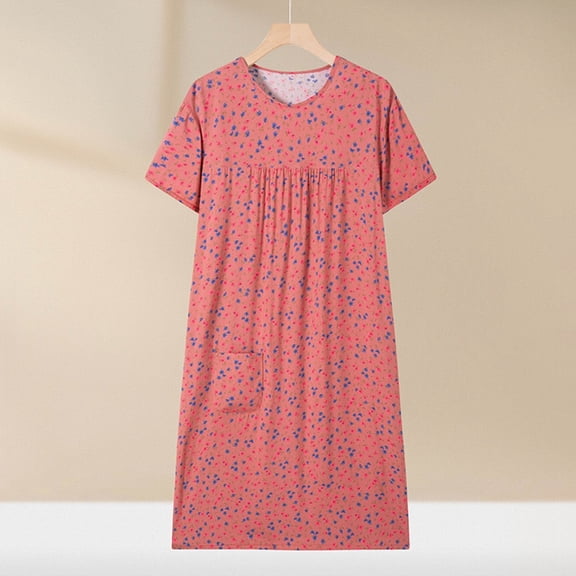 Elvqul Womens Nightgowns Plus Size Cotton Womens Long Pajamas Dress Orange Short Sleeve Nightgowns