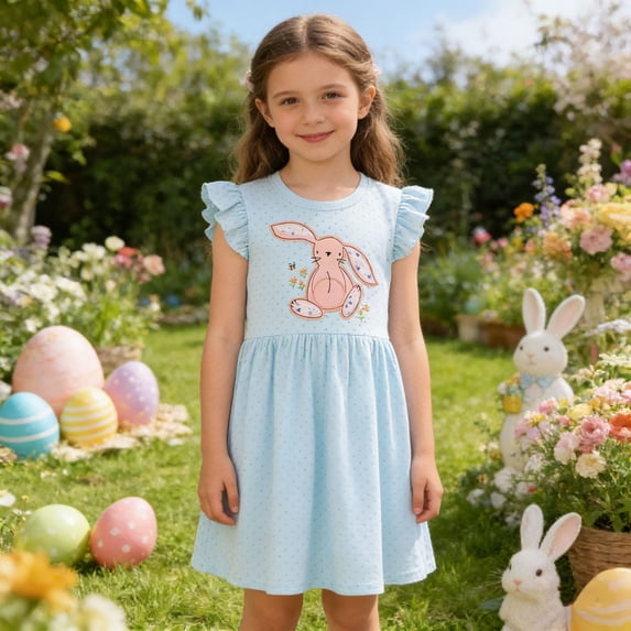 Easter Girls Summer Dress With Bunny Flutter Sleeve And Allover Print Floral Party Dress