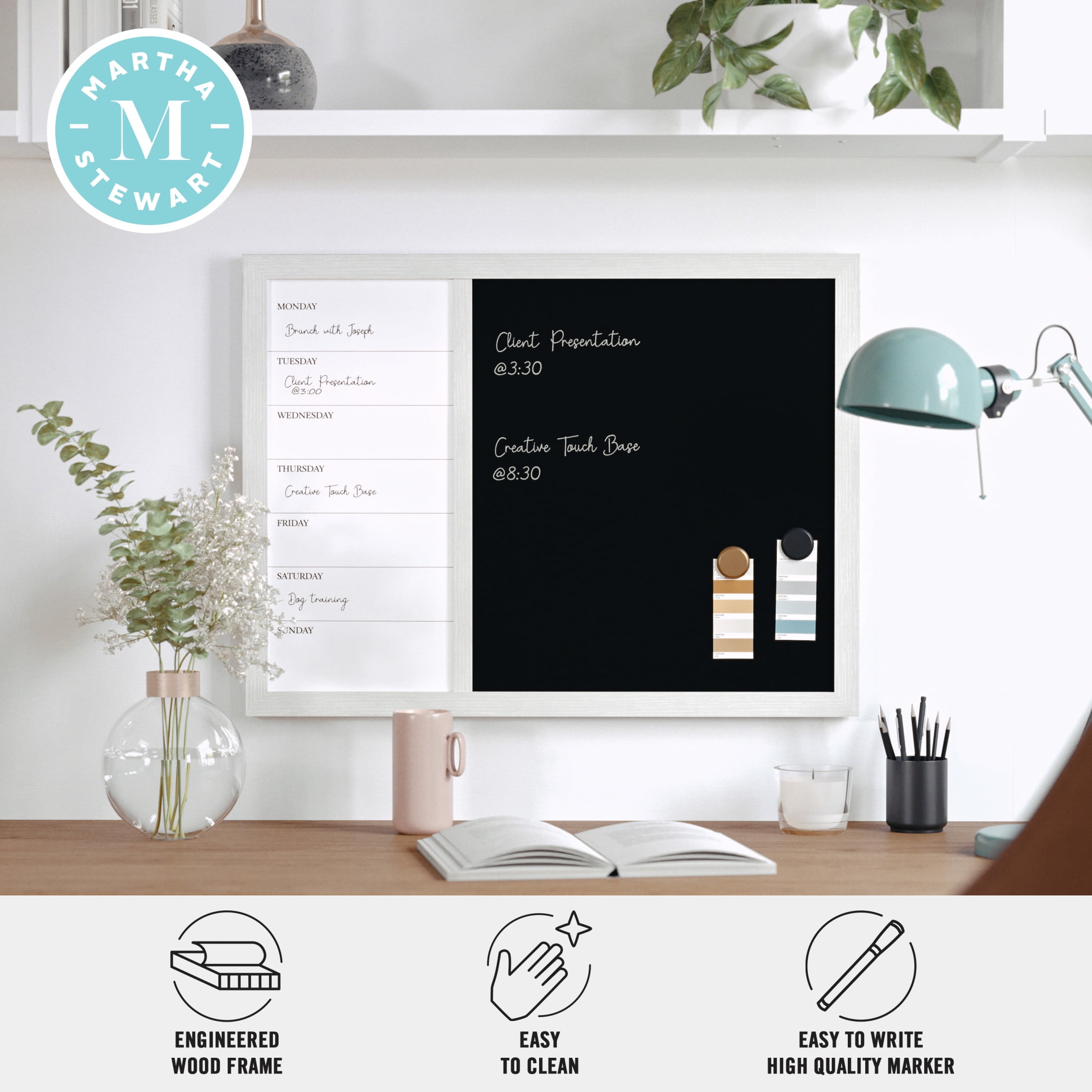 Martha Stewart Everette 24"x18" Magnetic Weekly Calendar Dry Erase Board and Chalk Board with Liquid Chalk Marker and Magnets, White Woodgrain Frame