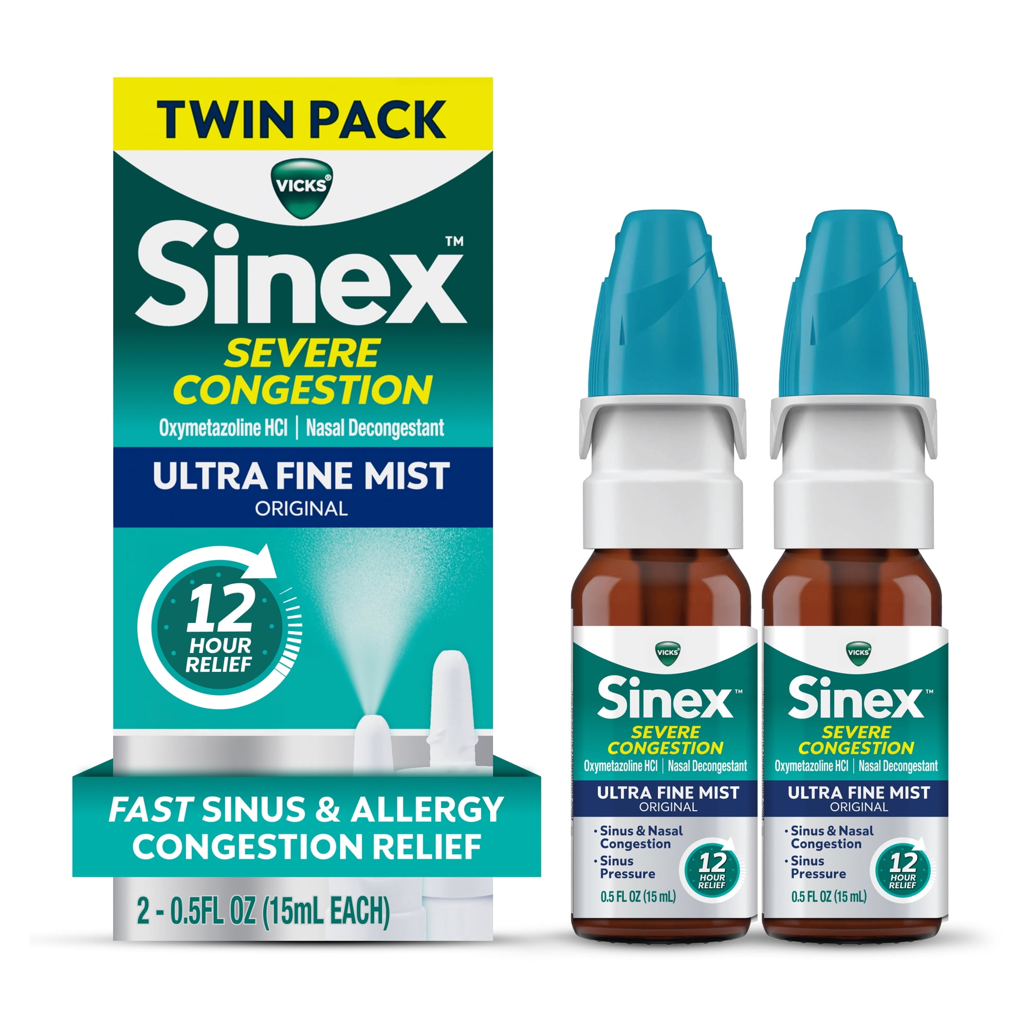 Vicks Sinex Severe Nasal Spray, Original Ultra Fine Mist, Decongestant Medicine, Sinus Relief, 265 Sprays, 2 Ct