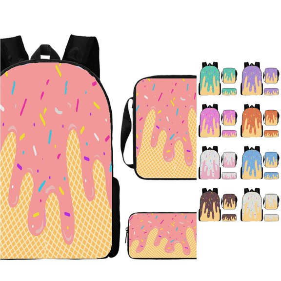 FYDUU Girls Backpacks Ice Cream School Bag 3 Piece Backpack with Lunch Box Pencil Case for School Wear Casual Daypack School Supplies