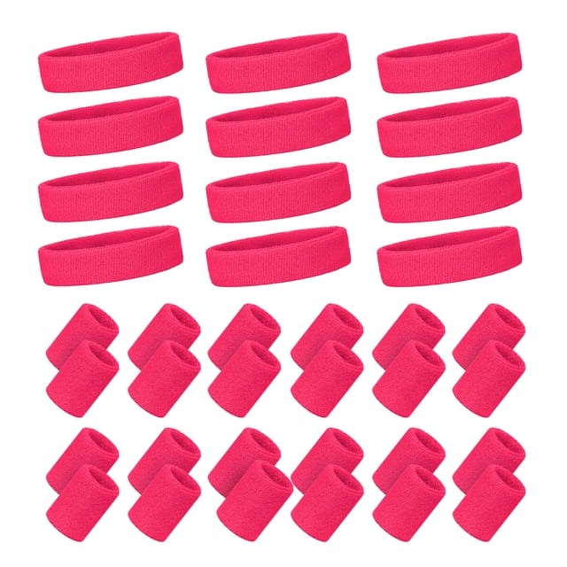 TOPTIE 12 Sets Neon Sweatband Set, Terry Cloth Headbands and Wristbands for Running Basketball Workout - Neon Pink