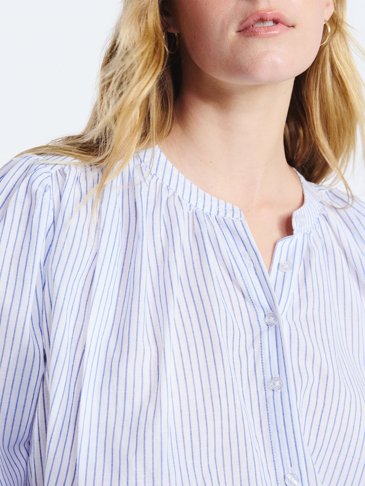Free Assembly Women's Shirred Cotton Button Down Blouse with Long Sleeves, Sizes XS-XXL