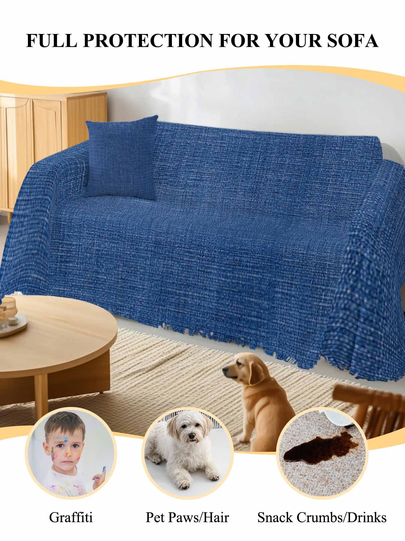 Navy Blue Couch Cover for 2 Cushion Couch, Vintage Country Monochrome Farmhouse Washable Love Seat Sofa Covers Slipcover, Throw Sofa Covers for Pets, Furniture Protector 71"x102"