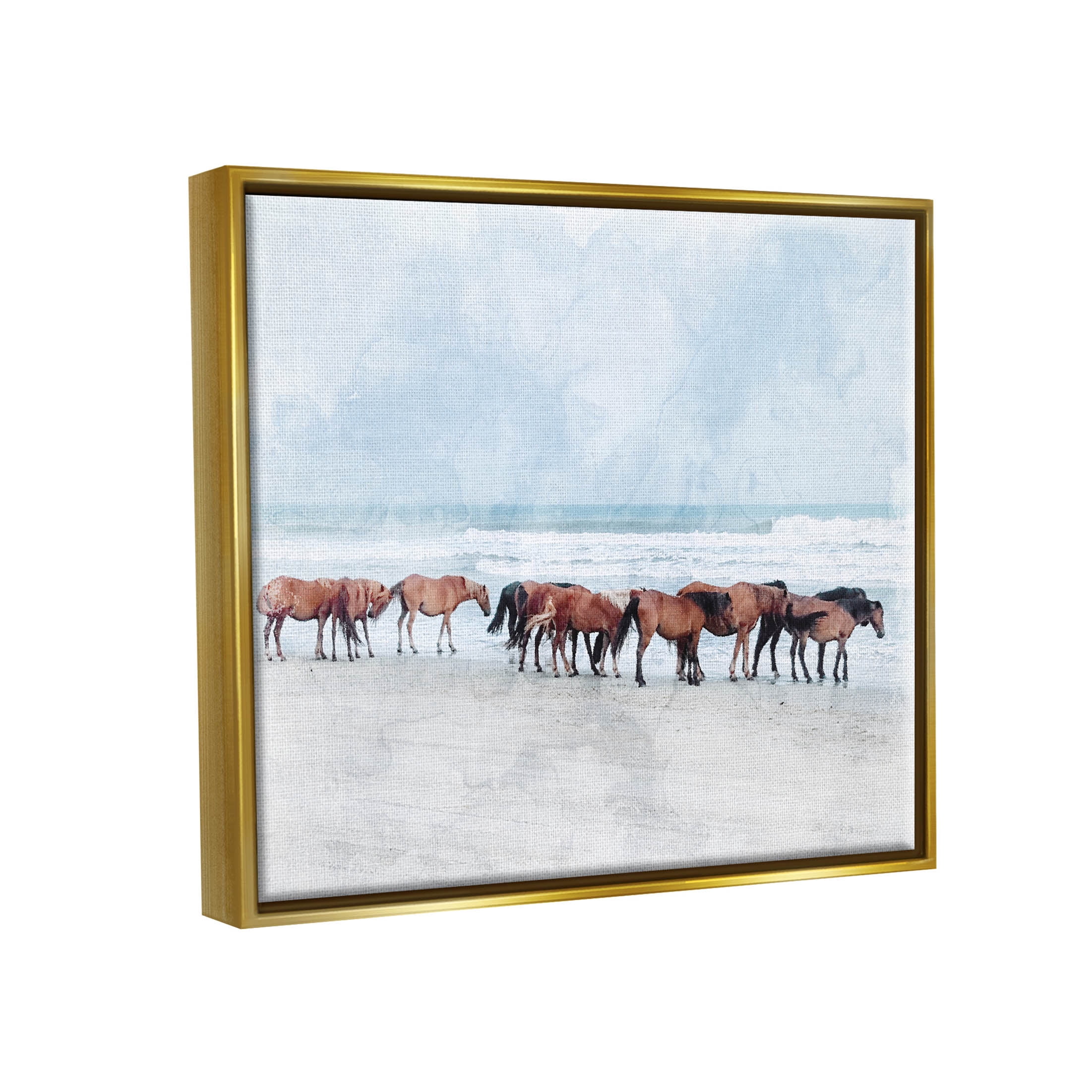 Horse Herd Grazing Beach Shore Animals & Insects Photograph Metallic Gold Framed Art Print Wall Art
