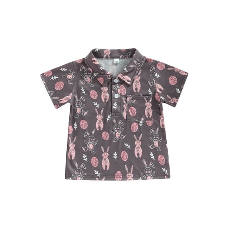 

Pudcoco Boy Easter Shirt Short Sleeve Lapel Neck Rabbit Loose Pullover Tops