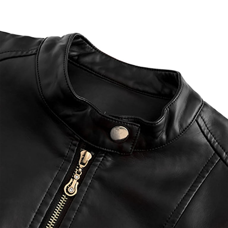 Men's Real Black Leather Jacket with Short Standing Collar