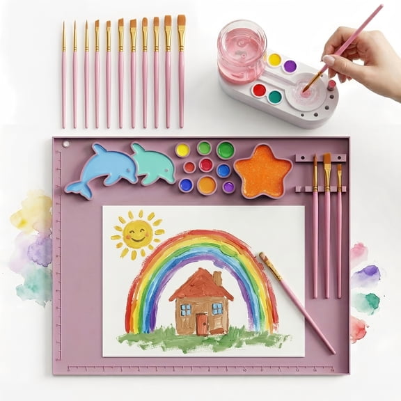 Pink Silicone Art Mat Set, Reusable Art Mat, Includes 10 Paintbrushes and Brush Cleaner, Children's DIY Art Supplies