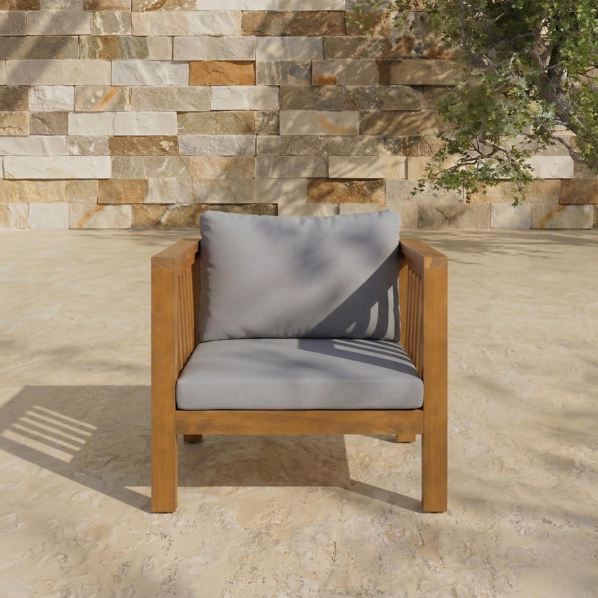 Mintazer Outdoor Club Chairs with Modern Square Arms, Patio Armchairs with Cushions & Adjustable Leveling Feet for Patio, Garden, Balcony & Backyard, Natural & Grey