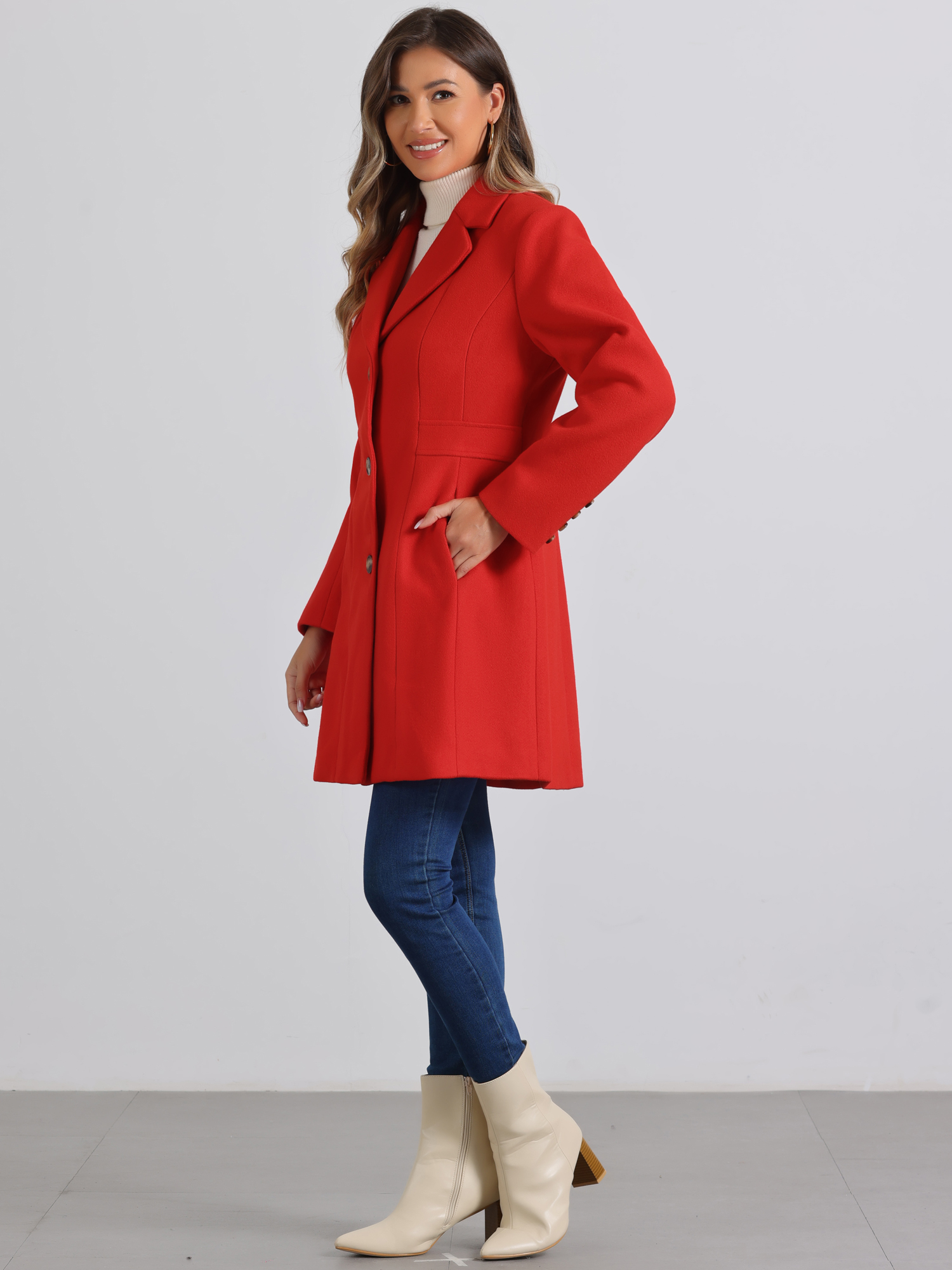 DARING DIVA Women's Notched Lapel Single Breasted Long Sleeve Winter Coats Red XL