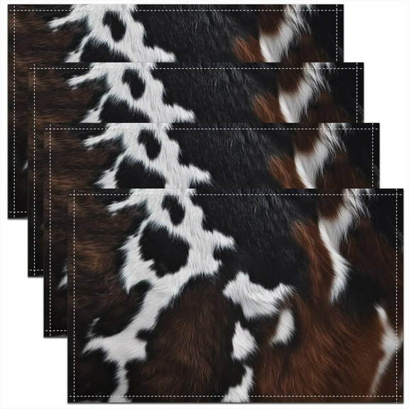Cowhide Placemats Set of 4,Cow Fur Table Place Mats,Farmhouse Western Farm Animal Skin White Black Placemat for Kitchen Dining Table Decoration Indoor Outdoor 18"x12"