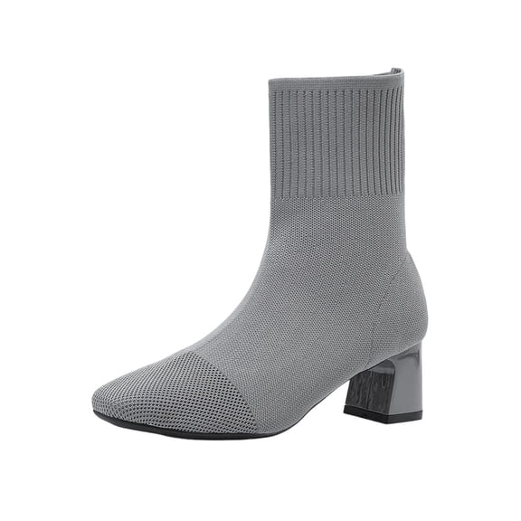 KEGIRLOM Women's Fashion Casual Knitted Elastic Socks Boots Solid Color Pointed Toe Heel High Heel Ankle Boots Gray Size 7