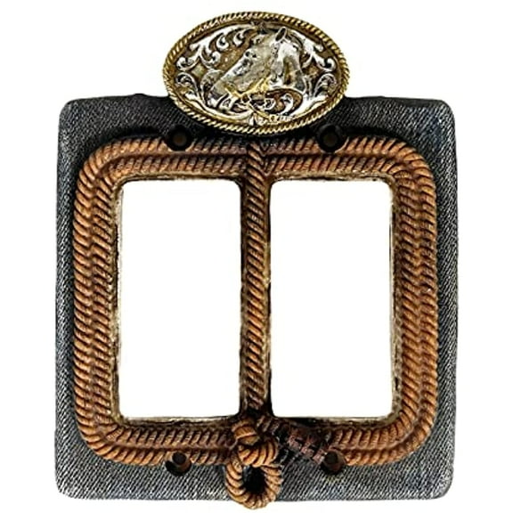 Urbalabs Western Cowboy Denim Roper Horse Belt Buckle Decorative Light Switch Outlet Wall Plate Covers Rustic Light Switch Covers Single Double 2 Gang Switch Plates (Double Gang)