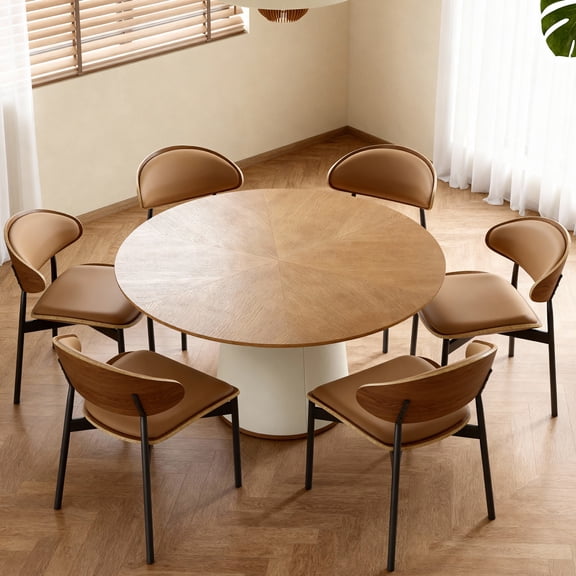 NessCarsti Round Faux Leather Dining Table for 4-6, Wood Veneer Top, Walnut, 59.05"