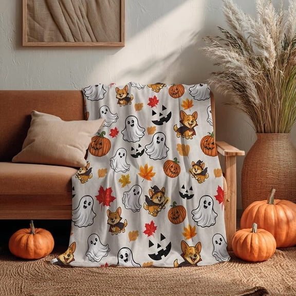 Corgi Halloween Blanket, Cozy Halloween Throw, Fall Decor & Corgi Ghosts Gift, Pumpkin Blanket, Cute Corgi Halloween Decor, Halloween Gift for Her
