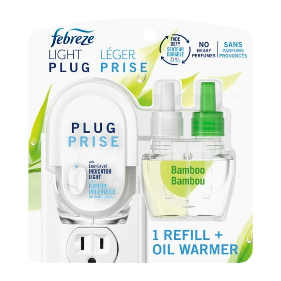 Febreze Désodorisant à Brancher, Trousse de Départ d'Huile Parfumée Anti-Odeurs, Bambou Léger, 1 Chauffe-Huile + 1 Recharge