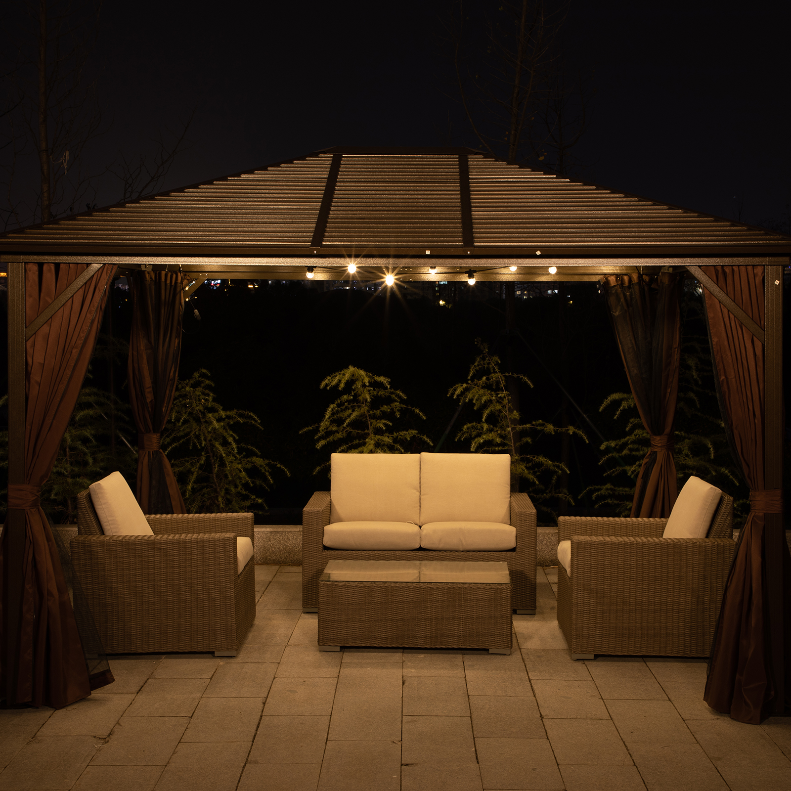 Outsunny 10' x 12' Hardtop Gazebo with Curtains and Netting, Permanent Pavilion Metal Single Roof Gazebo Canopy with Aluminum Frame and Hooks, for Garden, Patio, Backyard, Coffee Brown