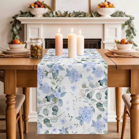 Farm Hydrangea Flower Blue Table Runner 70 Inches Long,Kitchen Dining Tablerunners Country Eucalyptus Leaf Floral Linen Table Runners Dresser Scarves for Home Dinner Wedding Holiday Party Decor