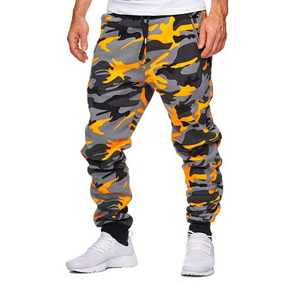 SUETCH Cargo Pants for Men Camouflage Print Casual Drawstring Stretch Elastic Waist Sweat Pants with Pocket Pants Trousers,Orange,3X-Large