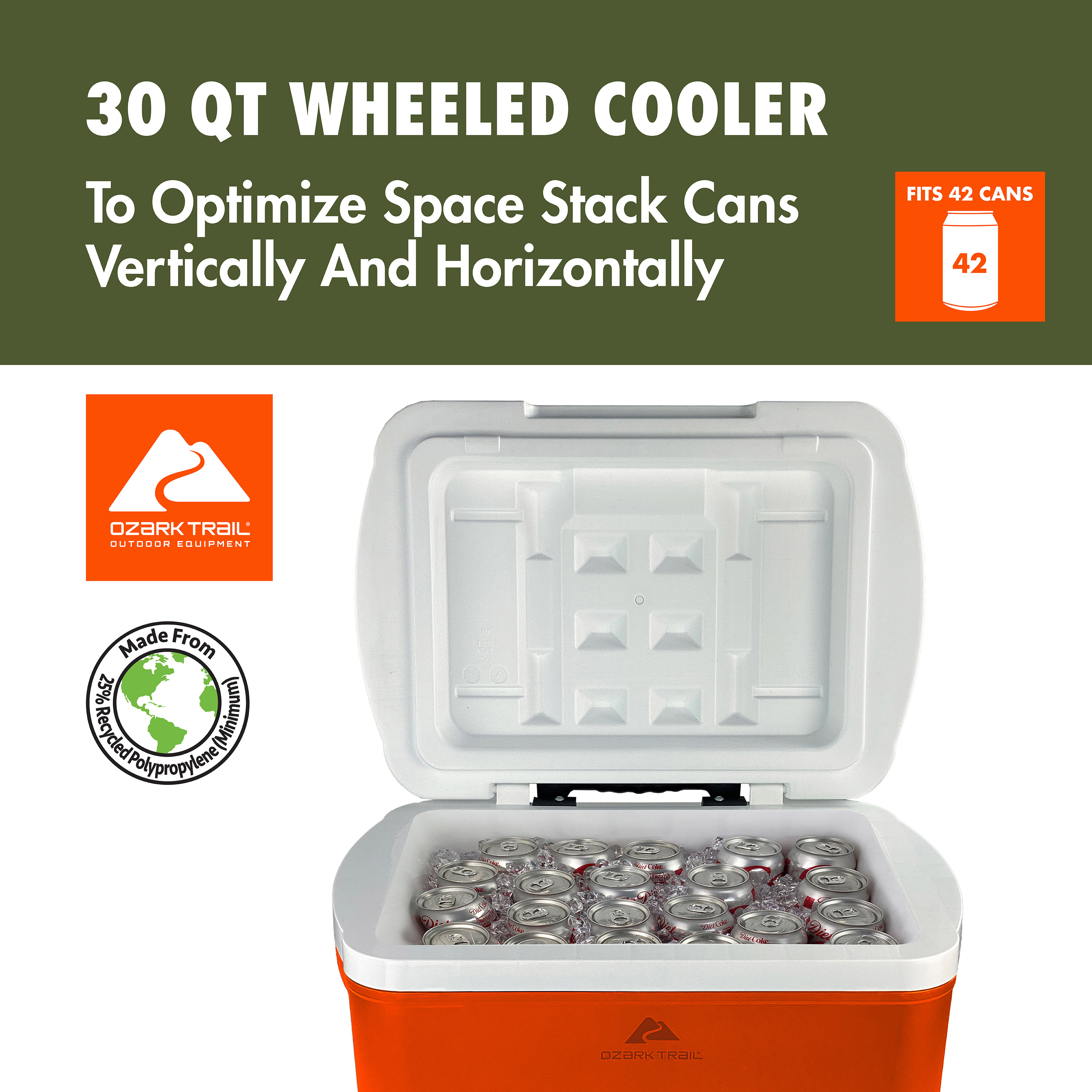 Ozark Trail 30 Quart Capacity Hard Side Wheeled Cooler, 42-Can, Bright Orange