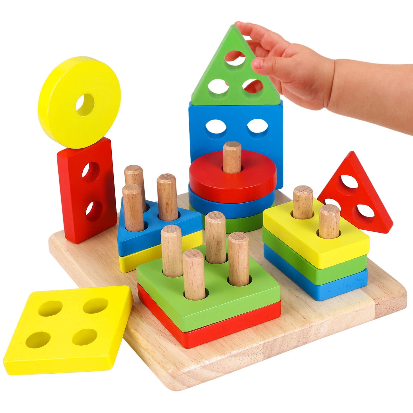 Lewo Wooden Stacking & Sorting Geometric Blocks Shapes Sorter Toddler