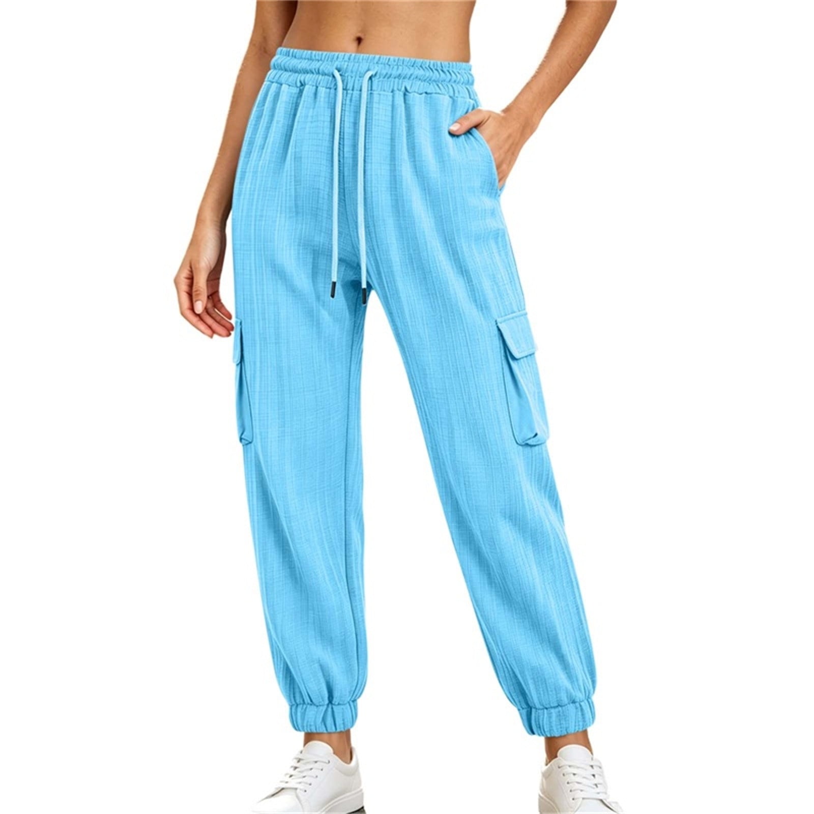 Ke1Clo Women Elastic Waist Jogger Pants Drawstring Ankle Length Stretchy Cargo Pants with Pockets Spring Fall Casual Loose Solid Travel Lounge Pants Light Blue XL