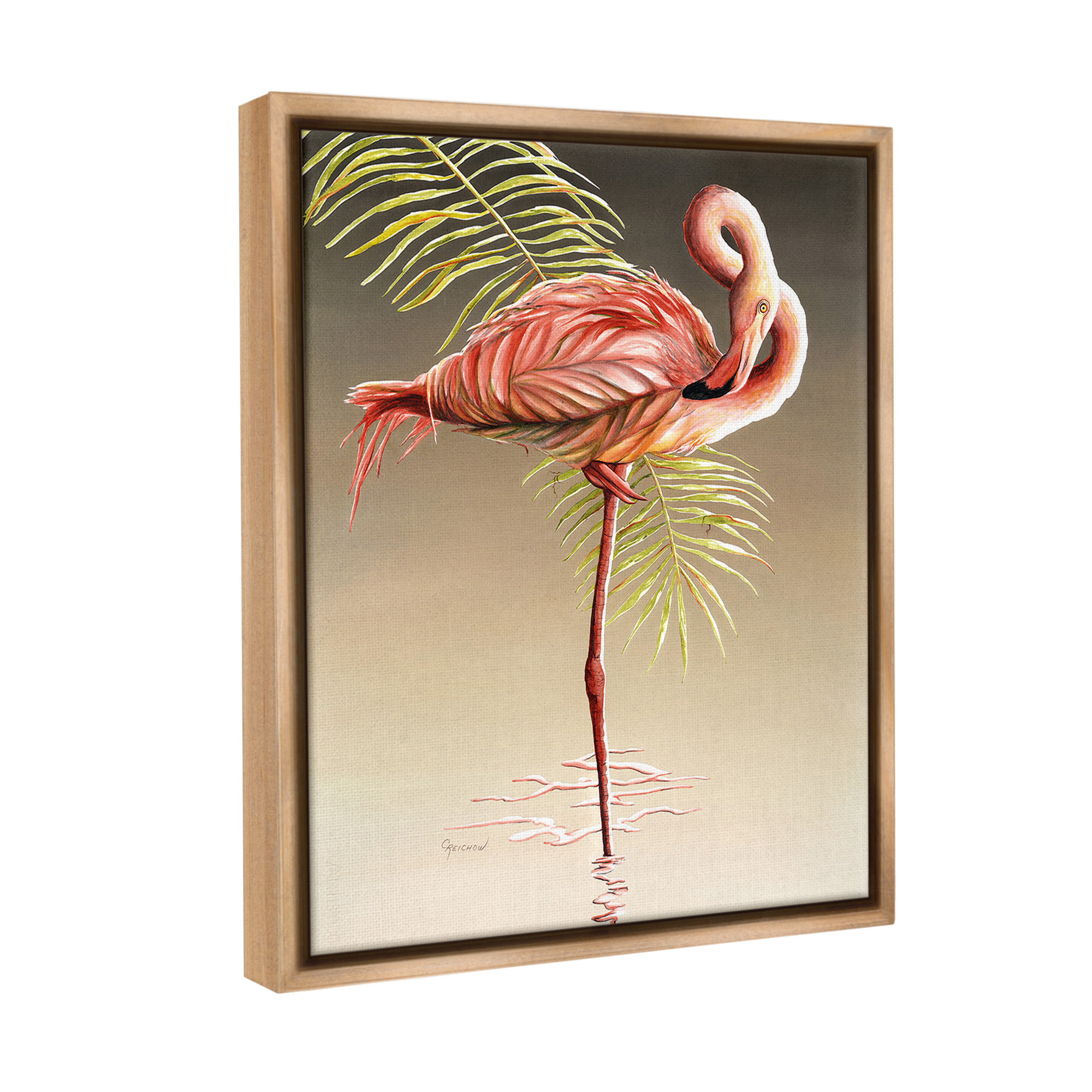 Stupell Industries Flamingo Twisting Gaze Animals & Insects Painting Brown Floater Framed Canvas Art Print Wall Art, 25 x 31