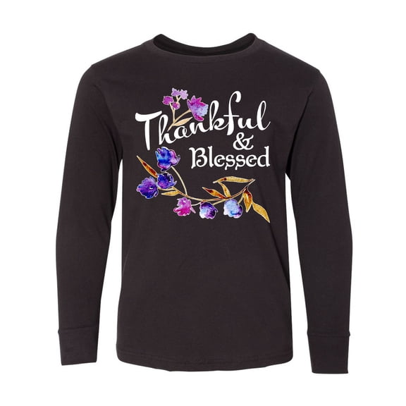 Inktastic Thankful and Blessed Inspirational Saying with Flowers Long Sleeve Youth T-Shirt