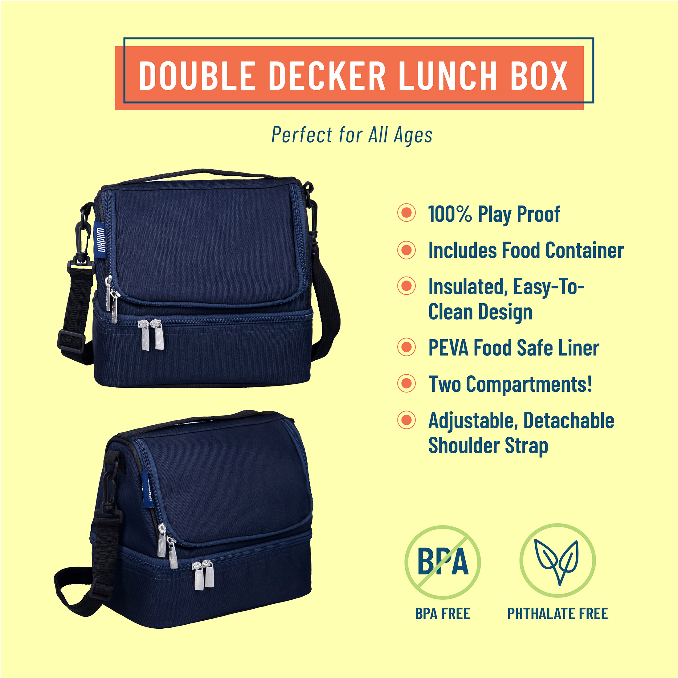 Wildkin Two Compartment Insulated Reusable Kids Lunch Bag for Boys & Girls, BPA Free, Includes Shoulder Strap (Whale Blue) - image 3 of 7